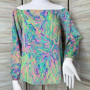 Lilly Pulitzer Adira silk off the shoulder top Small Pink Sunset Coco Breeze